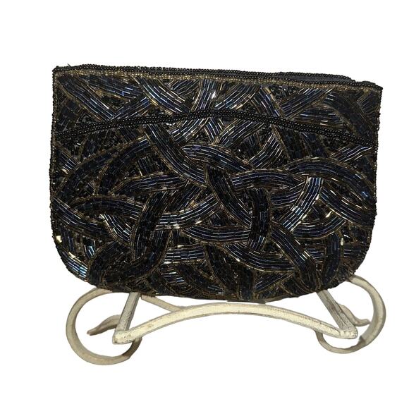 Beaded Clutch Black Blue Gold Hand Beaded Throughout Handbag Purse Evening Party - Picture 3 of 9